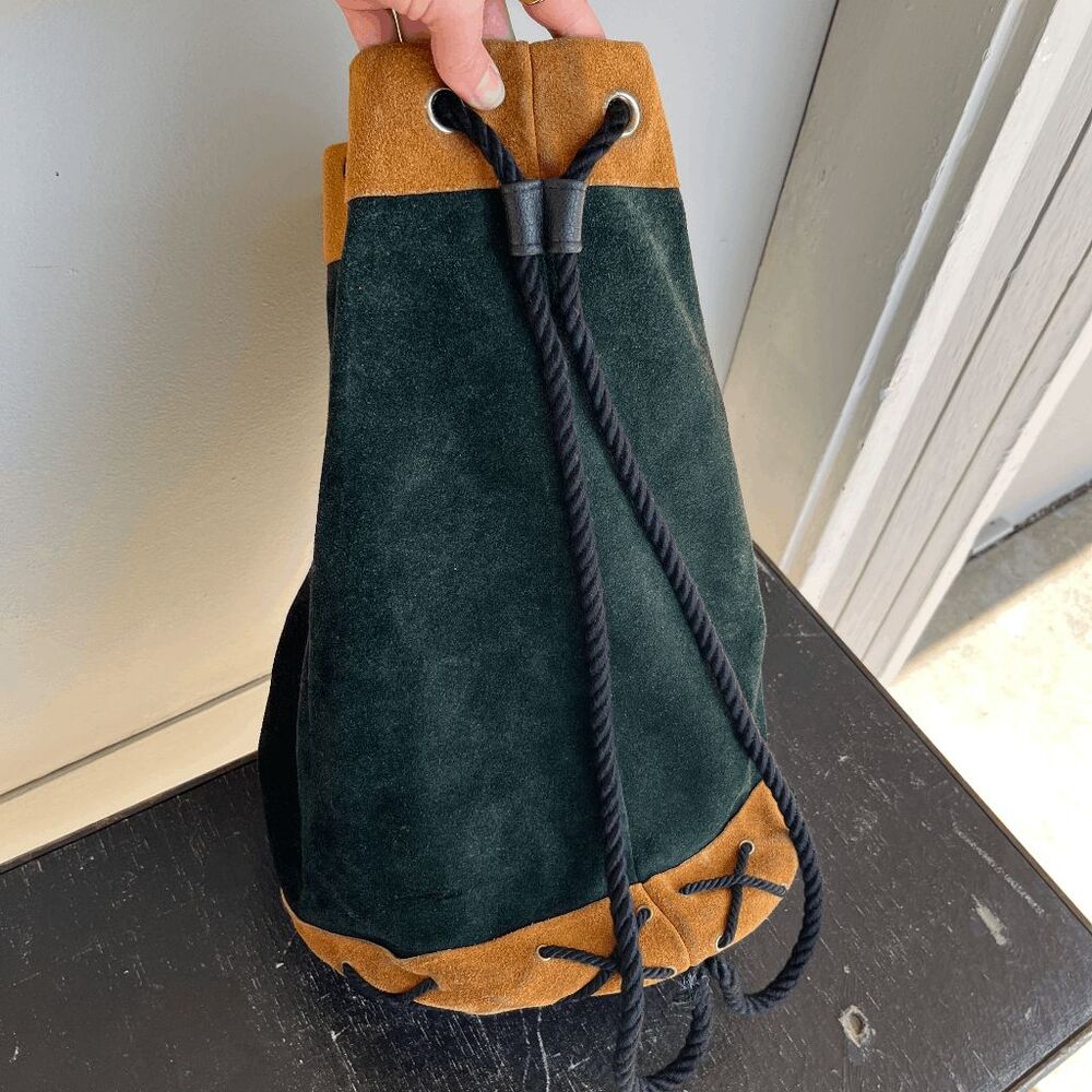 VTG Forest Green Suede Leather Drawstring Backpack USA Boho Minimalist - Picture 5 of 12